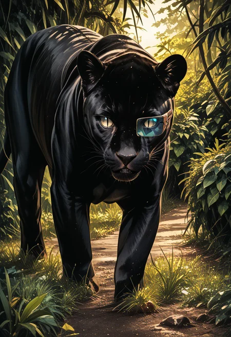 (score_9, score_8_up, score_7_up, highest score, best quality:1.2), zPDXL3, good_hands, hi-res. 8k, source_anime, no humans BREAK b14ckpanthr, black panther, feral black panther, slit pupils, scouter, tinted eyewear BREAK BREAK jungle, bushes, sunlight, light particles, (outdoors:1.3), sharp colors, perfect eyes, (detailed realistic background:1.3), (high quality:1.1), (ultra detailed:1.4), <lora:pony_good_hands:0.7>, <lora:add-detail-xl:1>, <lora:xl_more_art-full_v1:0.5>