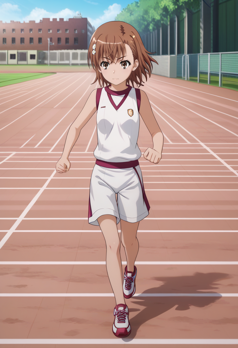 newest, masterpiece, best quality, 4k,
outdoors, school track,very aesthetic, detailed background, full body,
1girl, solo,  <lora:MisakaPony:1> m1saka, misaka mikoto, brown hair, short hair, hair ornament, brown eyes,gym uniform, white shirt, sleeveless shirt, sneakers, white shorts,running,