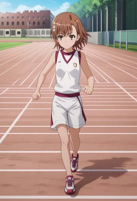newest, masterpiece, best quality, 4k,
outdoors, school track,very aesthetic, detailed background, full body,
1girl, solo, <lora:MisakaPony:1> m1saka, misaka mikoto, brown hair, short hair, hair ornament, brown eyes,gym uniform, white shirt, sleeveless shirt, sneakers, white shorts,running,