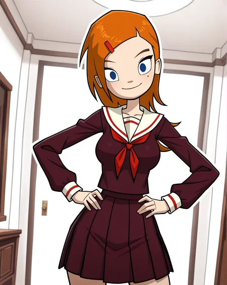 masterpiece, best quality, amazing quality, very aesthetic, absurdres, newest, solo, Heidi_WeinermanZYN, 1girl, solo, blue eyes, orange hair, hair clip, mole, (japanese school uniform ), cowboy shot, looking at viewer, beautiful, ((beautiful face, beautiful eyes)), Breasts, Wide Hips, Big thighs, standing,(smile, dutch angle, Hands on hips,naughty pose, looking at viewer, indoors, elegant room, solo, dynamic pose, full_body, head tilt,),((white background, White frame, white outline))