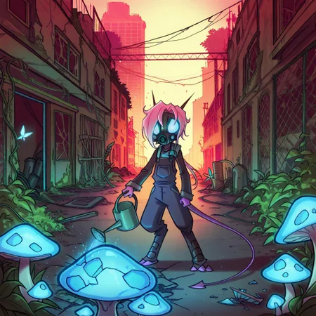 score_9, score_8_up, score_7_up,namah_calah,
1girl,solo,furry,tail, source_furry,horns,
,<lora:namah_calah_illustrious:0.8>,
child, kid,
in patched overalls tends glowing mushrooms in a ruined greenhouse. A gas mask hangs around her neck, and a mutated butterfly perches on her watering can. Broken skyscrapers loom outside, post-apocalyptic, overalls, gas_mask, greenhouse, glowing_mushrooms, mutated_animal, watering_can, ruins, skyscraper, overgrown, barbed_wire, dystopian, sunset, cracks, vines, broken_glass, steampunk, survival_gear, determined_expression