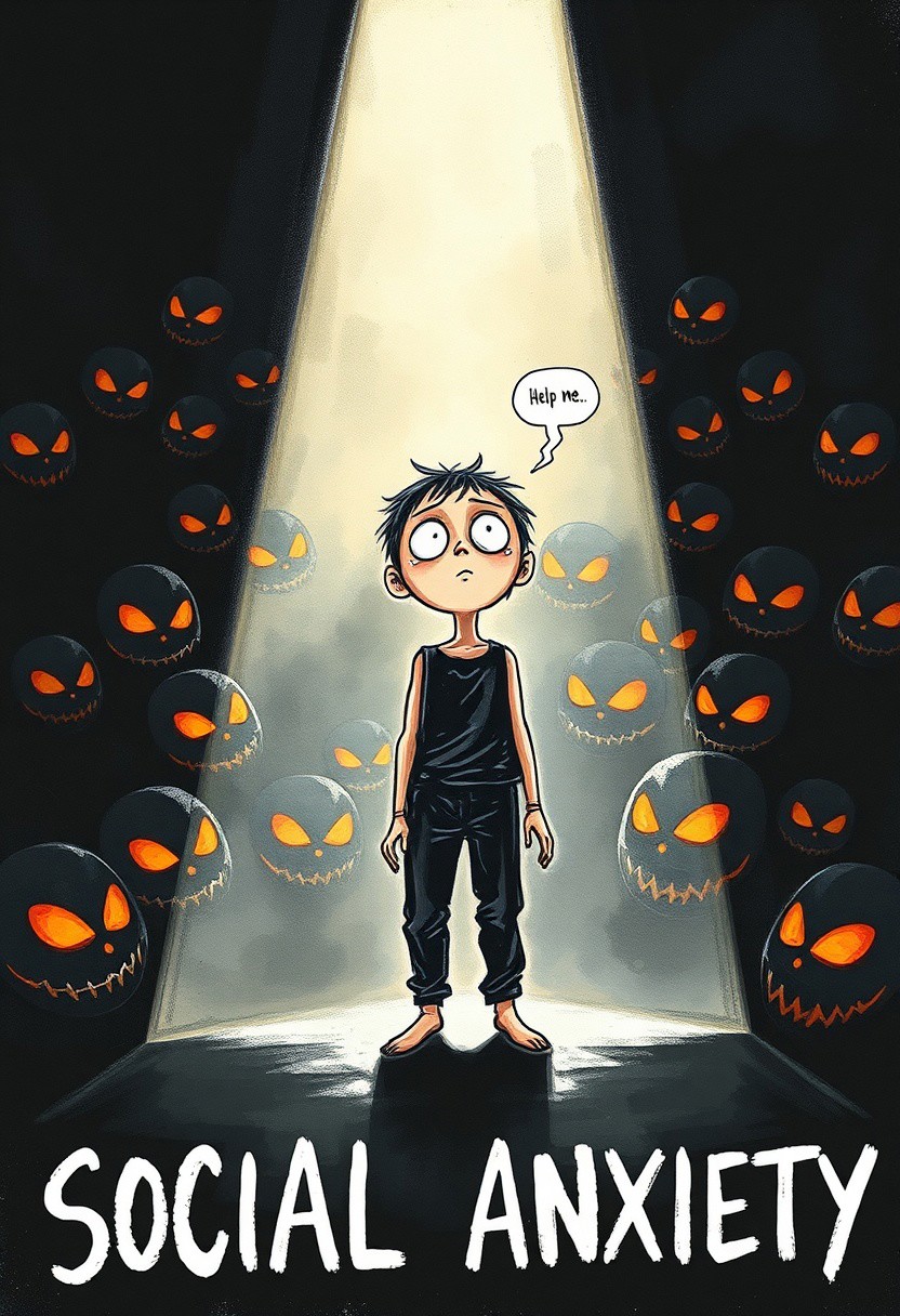 a painted hand drawn awareness poster for social anxiety and agoraphobia, The title is at the bottom of the image, it reads "SOCIAL ANXIETY" in a white scary font. a single frail small person is under a bright spotlight in the center of the image, sweating from discomfort, hyperaware, eyes wide open in fear, tears forming at the eyes, having strong anxiety being surrounded by a menacing crowd,  looking up at the viewer, the person say in a tiny tiny voice in a small text bubble that reads "help me".  the person is wearing black trousers and a black top.
The person is brightly lit but rest of the image is pitch black in contrast.
In the inky smoky blackness around the person we see the faint white outline of a huge crowd, we cannot tell if they are people or monsters, but we see eyes, thousands of eyes, white orange glittering eyes looking at the person, all those eyes glaring menacingly at the person, with the eyes there are some menacing smiles where all we can see are pointy teeth and smirk lines, in the darkness we can feel many pointed fingers at the person, pointing in mockery or pointed in accusation.