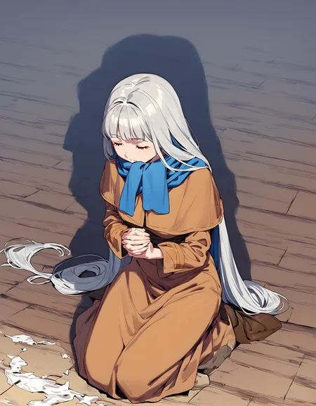 <lora:pony_xl_Lenneth:0.9>,Lenneth,score_9,score_8_up,score_7_up,source_anime,1girl,solo,closed eyes,praying,kneeling,looking_down,brown dress,long dress,long sleeves,capelet,blue scarf,fringe trim,brown footwear,indoor,wood floors,damaged floor,moonlight,