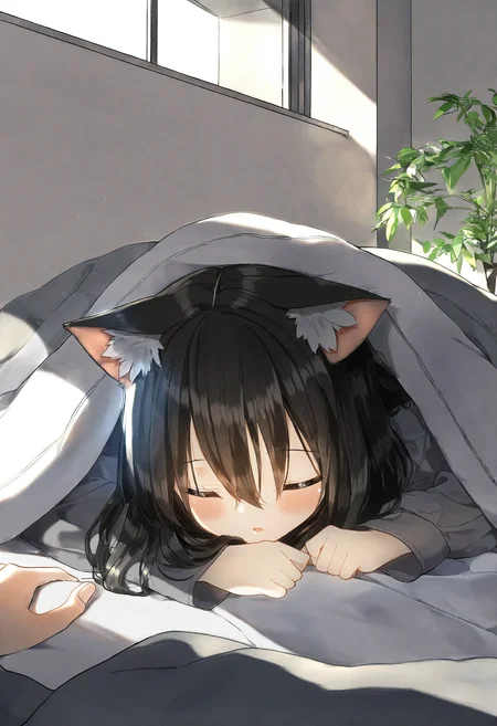 <lora:penta1_noob1.1-000139:0.9>,
1girl, animal ears, under covers, indoors, closed eyes, black hair, window, animal ear fluff, lying, cat ears, hair between eyes, sleeping, blush, plant, on stomach, shirt, grey shirt, solo focus, long sleeves, on side,
masterpiece,best quality,newest,absurdres,highres,very awa,