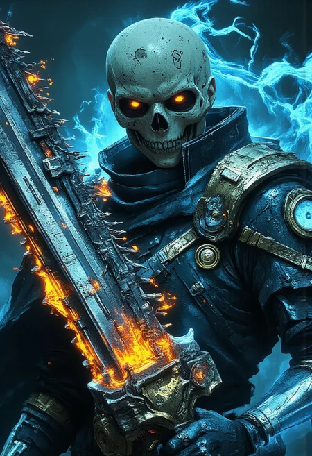 R3tun4L style, Skelenecro, flat color two-toned in translucent faded blue and muted DARK natural hues, cinematic lighting, insane details, hyperrealistic extreme close-up macro photography, 64-megapixel DSLR. A vibrant, action-packed anime scene in a sketch-like style with thick, bold lines. The focus is a close-up of a grizzled skeleton necromancer, gripping a massive chainsword—a brutal weapon with jagged, rotating teeth, glowing with pale blue necromantic energy. His skull is engraved with glowing neon symbols blending medieval magic and futuristic sci-fi. His empty eye sockets flicker with dim orange flames, while the cracked bone structure reflects the faded blue hues of the desolate environment. Wearing a high-collar military parka, the chainsword in his bony hands radiates a sinister hum, its metallic sheen dulled by the washed-out light. Small, illuminated circular lights, now glowing faint blue, float around his skull, giving him an ethereal, mysterious aura. The glowing runes on his bones pulse with energy, radiating a dark power. Sparks and dust, tinged with a pale blue glow, fly from the chainsword as it revs violently. Atmospheric haze surrounds the scene, heightening the contrast between the deep blacks of the background and the faded blue lighting. The intense aura swirling around him feels ready to explode with necromantic energy, creating a striking visual of raw emotion and supernatural power in this eerie, sci-fi fantasy setting.