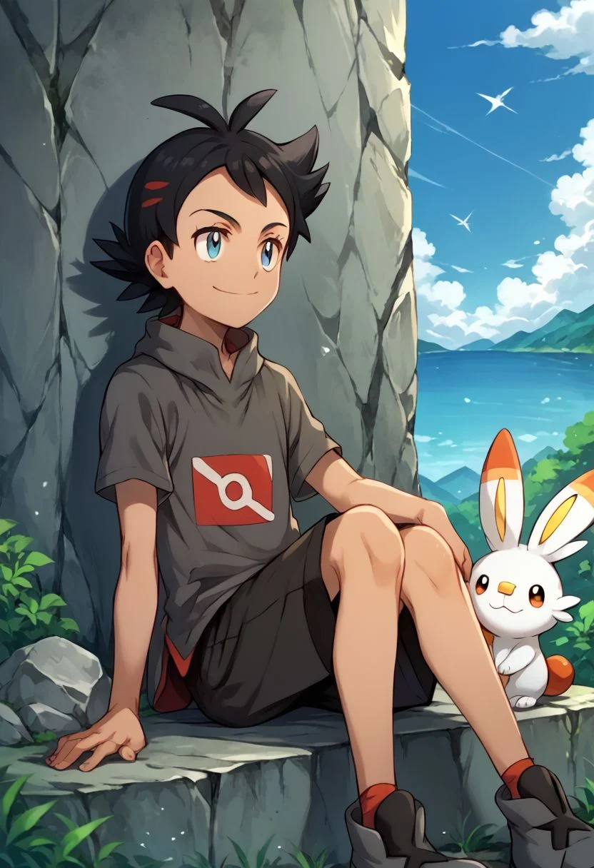 score_9, score_8_up, source_anime, highly detailed, 1boy, solo, skinny, human child,
go2, pokemon (creature), bunny pokemon, scorbunny, 1boy, smile, male focus, sky, black hair, grey shirt, day, eyelashes, shirt,
outdoor, sit, rocks,