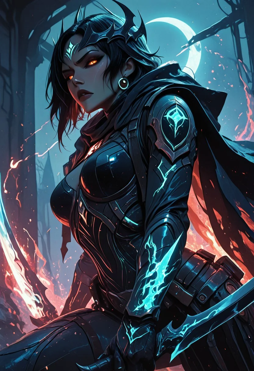 (masterpiece), (best quality), 8k, 1girl, celestial assassin, intense low lighting, glowing crescent blades, purple glow, dual-wielding, shadowed face, glowing eyes, dark eclipse sky behind her, glowing voidlight aura, Void crown, half crescent crown, orange eyes, mystical sigils, long flowing cloak fluttering, sci-fi fantasy armor with celestial patterns, moonlit silhouette, cinematic perspective, ethereal particles, radiant eclipse corona, sleek asymmetrical hairstyle, atmosphere of silent finality, black eyeshadow, Void flames, Burning Cloak, Flaming cloak,
Action Shot, Slashing blades, Fierce expression, partical effects, dynamic, Dynamic position, Dynamic angle, Combat, intense, intense expression, Anger, Yelling, intense facial expression, Charging at viewer,
Unique, close up, cowboy shot, dutch angle, foreshortening,
From below, Looking at viewer, Close up, Face Focus,