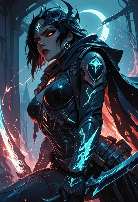 (masterpiece), (best quality), 8k, 1girl, celestial assassin, intense low lighting, glowing crescent blades, purple glow, dual-wielding, shadowed face, glowing eyes, dark eclipse sky behind her, glowing voidlight aura, Void crown, half crescent crown, orange eyes, mystical sigils, long flowing cloak fluttering, sci-fi fantasy armor with celestial patterns, moonlit silhouette, cinematic perspective, ethereal particles, radiant eclipse corona, sleek asymmetrical hairstyle, atmosphere of silent finality, black eyeshadow, Void flames, Burning Cloak, Flaming cloak, 
Action Shot, Slashing blades, Fierce expression, partical effects, dynamic, Dynamic position, Dynamic angle, Combat, intense, intense expression, Anger, Yelling, intense facial expression, Charging at viewer,  
Unique, close up, cowboy shot, dutch angle, foreshortening, 
From below, Looking at viewer, Close up, Face Focus,