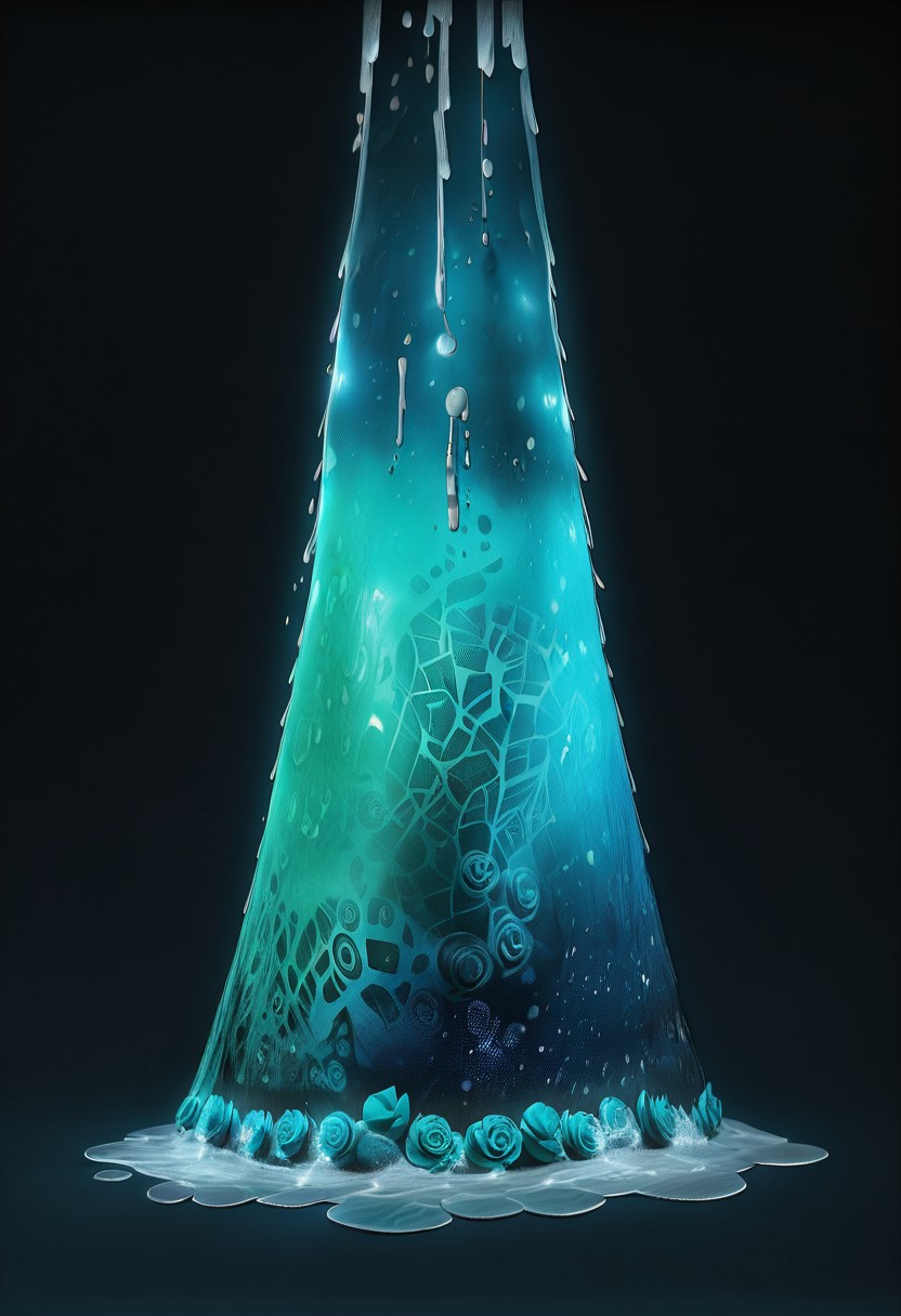(masterpiece), best quality, abstract, abstract art, illustration, anime, teal and silver, black and silver, ((teal rose), simple background, dark background), melting, detailed, cosmic print, constellations, water, cinematic, light particles, sci-fi, space