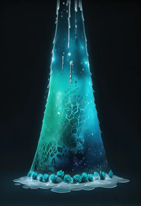 (masterpiece), best quality, abstract, abstract art, illustration, anime, teal and silver, black and silver, ((teal rose), simple background, dark background), melting, detailed, cosmic print, constellations, water, cinematic, light particles, sci-fi, space