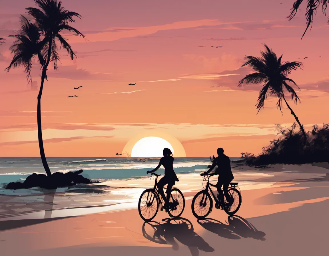 two people, silhoettes, cycling on the beach, sunset, fine brush lines,  jsmn style <lora:jsmnStyle:1>