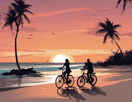 two people, silhoettes, cycling on the beach, sunset, fine brush lines, jsmn style <lora:jsmnStyle:1>