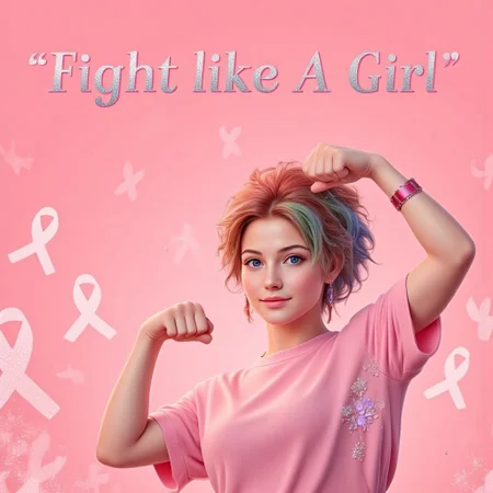 aidmaTextImprover, greeting card style captures BCA essence, hyper detailed realistic cartoon beautiful woman looking at the viewer. her arm is up in a victory pump with a clinched fist. hair is multi colored and in a messy updo. exact text focus [[[Fight like A Girl]]] satin pink looped awareness ribbon, gradient satin pink looped awareness ribbon bokeh background pink, redglitter pastel watercolor, in the style of Gorjuss, Joan Walsh Anglund,soft-focus and diffused lighting akin to Paolo Roversi, imbued with Tim Burton's macabre touch, Kris Kuksi-like intricate background detail, digital painting, ultra-detailed, cinematic. <lora:aidmaTextImproverV0.2:1> <lora:Detailer2K:0.65> <lora:Dever_Flux_Enhancer:0.50>
