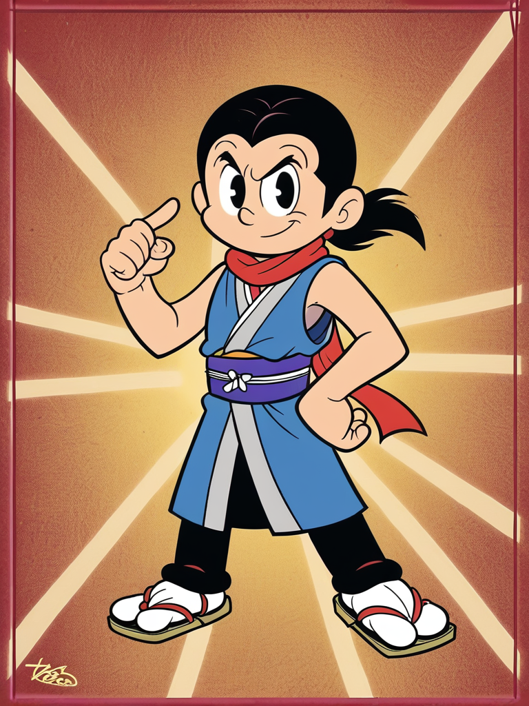 score_9,
1boy, samurai, kimono, ponytail, scarf, bare arms, muscular male, one hand on hips, one hand up,
front, looking at viewer, (dynamic pose:1.1), full body, colorful background,
, RetroXL, toon \(style\), semi chibi, flat color, black eyes, <lora:RetroToonXL_Style:1>