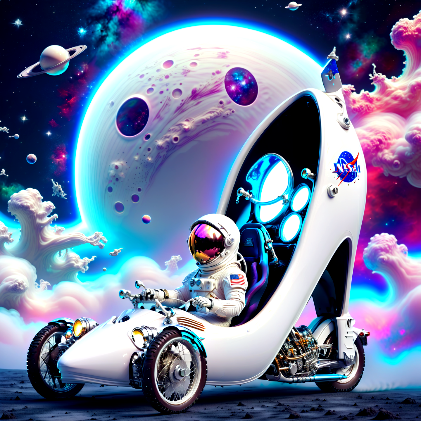 Majestic galactic style astronaut driving a white (biomechanical:1.15) (hhc:1.15), sit inside, high heel, galactical, masterpice, 8k, fog,spacesuit, planet moon,milky way, handle bar, helmet, NASA,,. Vast colorful nebulae, stars and planets, sci-fi space themes, mystery