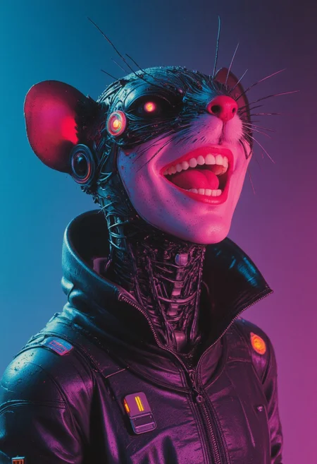 A hyper-detailed M100-style analog photo of a laughing antromorphic Mouse cyborg in the style of ck-ncr, blending intricate cyberpunk robotics with vibrant, human joy. Her radiant smile highlights the duality of her being: half of her face is organic, glowing with fiery freckles and warm, soft skin, while the other half reveals an intricate network of exposed wiring, microprocessors, and metallic plating. These robotic elements glisten with delicate servos and fluidly moving panels, emphasizing her futuristic elegance. Her mechanical eye, softly glowing and alive with laughter, reflects her joy, seamlessly integrated into the interplay of metal and flesh.
She wears a bold, sleeveless cyberpunk jacket adorned with holographic patches and glowing lines, contrasting with her high-tech enhancements and emphasizing her dynamic personality. The jacket's vivid neon hues—pink, cyan, and electric purple—pulse gently, mirroring the energy of her expression. The interplay of her laughter, illuminated by atmospheric lighting, creates a stunning cinematic effect: volumetric neon lights cast rippling magenta and blue hues across her metallic and organic features, blending harmoniously with the hazy, hyperpunk-inspired backdrop of dark turquoise tones.