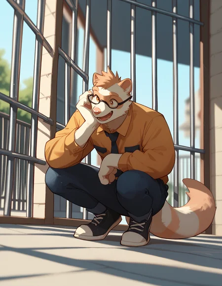 score_9, score_8_up, score_7_up, anthro, furry, dutch angle, anthro, detailed body, hi res, <lora:add-detail-xl:1>, <lora:Greyyy_Artist_Style.safetensors:1.1>, by gr3yyy, tail, blurry background close up, solo, domestic ferret, squatting, head turn, happy, prison cloud emanata