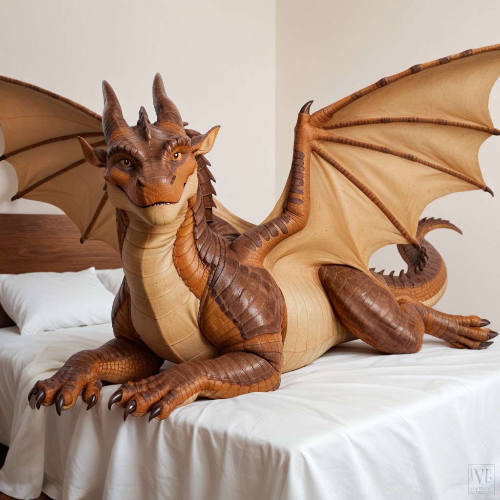 score_9, score_8_up, score_7_up, score_6_up, masterpiece, high quality, realistic, detailed, best quality, 1boy, solo, rating_safe, source_furry, bedroom, white bed, smiling, seductive, (looking at viewer), lying on belly, detailed eyes, feral, Mudwing, brown scales, dragon, horns, claws, wings, tail, Clay_wof, male, brown eyes