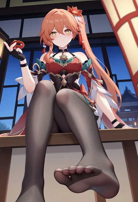 score_9, score_8_up, score_7_up, score_6_up, score_5_up, score_4_up, BREAK, source_anime,
1girl, guinaifen, hair between eyes, bangs, hair flower, hair ornament, long hair, orange hair, side ponytail, yellow eyes, 
blush, smile, 
sitting on a wooden chair, chinese clothes, detached sleeves, fingerless gloves, red dress, bare shoulders, black pantyhose, toes,
indoors, chinese temple, night, looking at viewer, view from below, feet focus, foreshortening,
[refraction|caustics|rim lights|backlighting|bloom] <lora:GuinaifenXL:1>