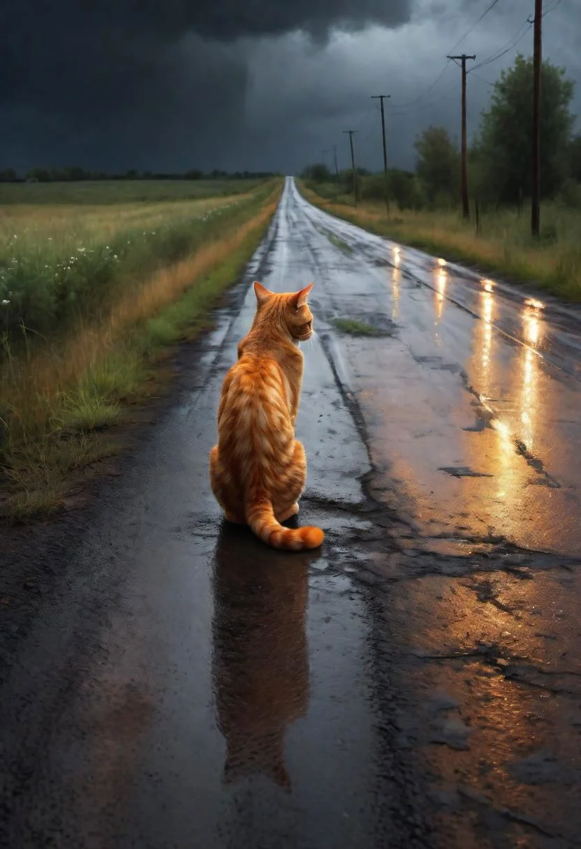 A lonely abandoned orange cat is sitting on the country road, back facing camera, (car leaving in the distance:1.1), car, rain, (thunderstorm:0.8),
(in Nicola Samori style:1.2), (oil painting:0.1), dark theme, grim, sad, (best quality, 8K, high resolution, extreme detail, outstanding composition:1.2),