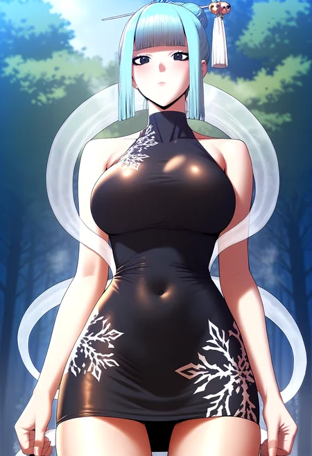 score_9, score_8_up, score_7_up, score_6_up, source_anime, rating_explicit, <lora:neg4all_bdsqlsz_V3.5:2.0>1girl, (solo:1.2), huge breasts, <lora:I-Sleroponyxl:1> blue hair, yellow hair ornament, hair stick, blunt bangs, single hair bun, black eyes, sleeveless, black dress, short dress, covered navel, tight dress, expressionless, Narrow shoulders, heavy breathing, steaming body, forest, outdoor, looking at viewer