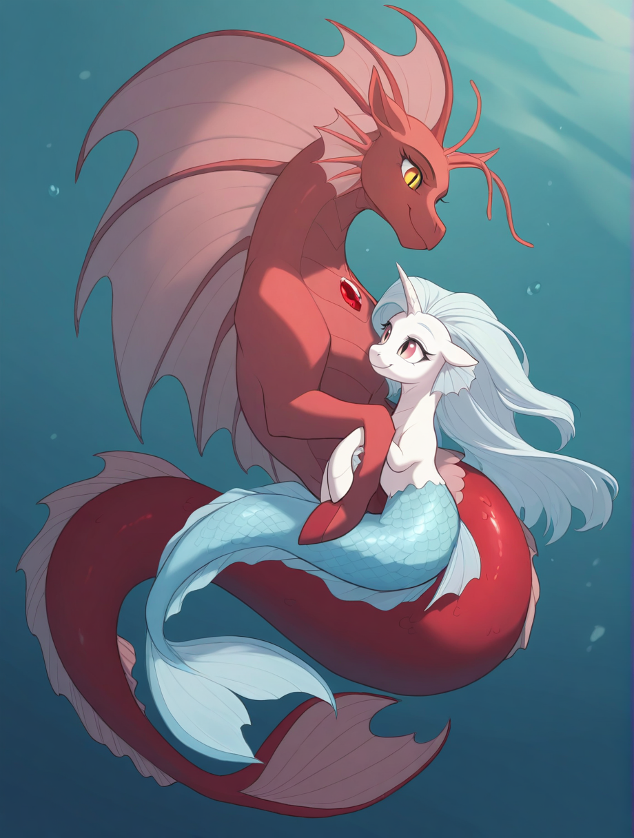 high quality, best quality, masterpiece, highres, very aesthetic, absurdres, <lora:NSFWFilter_illusXL_Incrs_v1:-.5>, princess carry, 2girls, 
female, <lora:EqG_Siren-Hippocampus_Illustrious:.7> hippocampus, siren, merpony, light red eyes, slit pupils, feral, no humans, red skin, fins, head frill, gem, mermaid tail, smiling