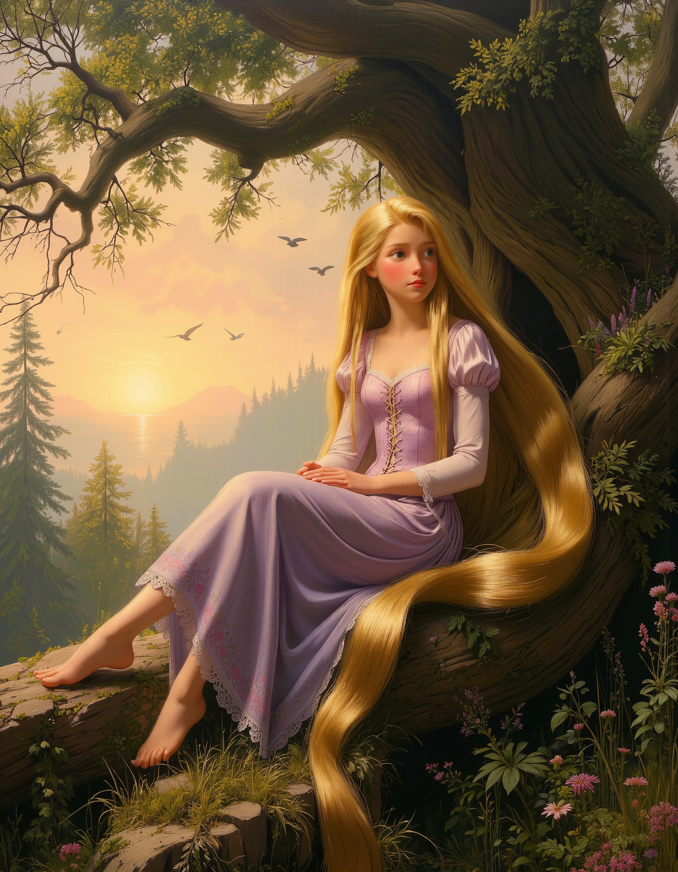 masterpiece, high quality, Oil Painting of a serene scene featuring young Princess Rapunzel nestled comfortably in the massive branches of an ancient tree. Rapunzel's long, golden hair cascades down like a river of silk, flowing through the branches and swaying gently in the breeze. The tree itself is a majestic giant, with thick, gnarled branches stretching out in all directions, providing a natural throne for her. The leaves rustle softly, adding to the tranquility of the moment.
Rapunzel is dressed in a simple yet elegant gown, delicately embroidered with floral patterns that mirror the greenery around her. Her expression is one of peace and contentment as she gazes out into the distance, perhaps lost in thought or simply enjoying the gentle caress of the wind.
In the background, a soft, golden sunset paints the sky in hues of pink and orange, casting a warm glow over the entire scene. Birds can be seen fluttering about, adding a touch of life to this serene tableau. The forest floor below is carpeted with a mix of wildflowers and ferns, contributing to the overall sense of calm and natural beauty.
Focus on Rapunzel, having her fill most of the frame. The artwork captures realistic fabric textures, detailed highlights, and smooth shading, creating a balance between fantasy and realism. The painting shows shadow and light, Masterpiece, intricate lines, intriguing atmosphere, sharp magnificent details, delicate features, elaborate details, (2\3 rule composition:0.5), ultra detailed, romantic, Rembrandt lighting, brush stroke, lovely, del1cate_balance style, novuschroma, in the style of Rembrandt. disney style. vantablack <lora:style_of_Rembrandt_FLUX_135:.8> <lora:- Flux1 - vanta_black_V2.0:.3> <lora:Delicate_Balance:.3> <lora:113_novuschromaFLX_1:.4> <lora:neeeg_f1:-1>
 <lora:zavy-disney-rapunzel-fxl:.8>