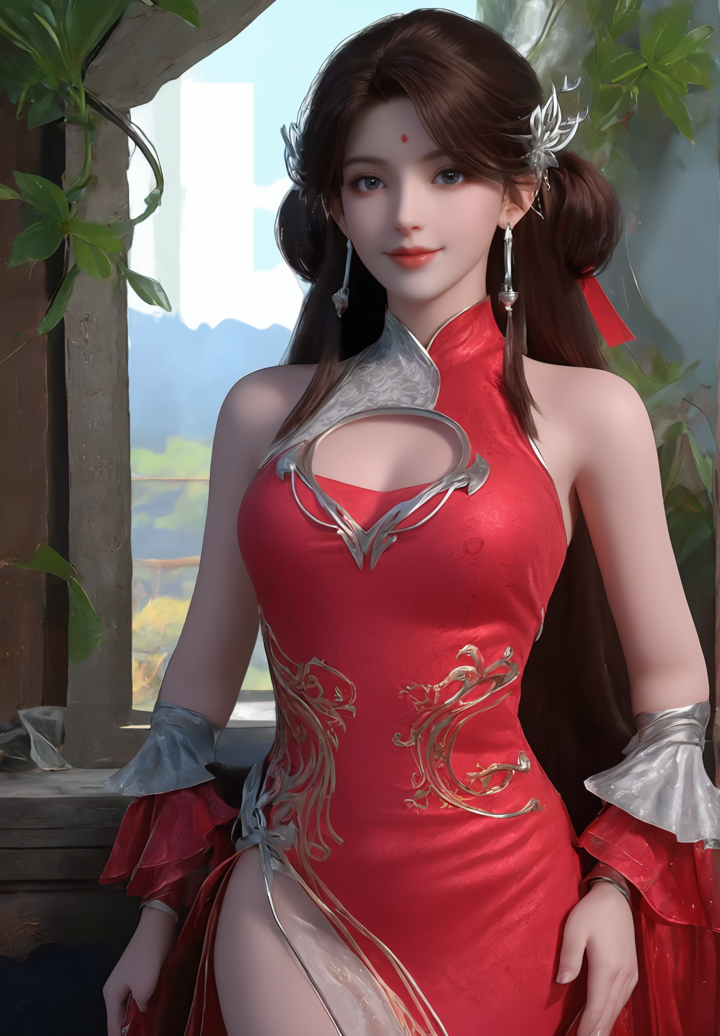 looking_at_viewer,cowboy_shot,(hair_twirling:1.4),1girl,solo,dress,face light,hair ornament,portiart,from front,masterpiece,(best quality),official art,extremely detailed cg 8k wallpaper,((crystalstexture skin)),(extremely delicate and beautiful),solo,realistic,photo_\(medium\),hiqcgbody,chinese background,(smile:0.6),eye-contact,jewelry,<lora:huolinger_V4-000001:1>,red waistband,long hair,