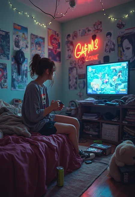 A young woman in her early twenties is sitting on the edge of a cluttered bed in a messy girl's bedroom, intensely focused on playing video games on a large TV screen mounted on the wall. She has long, slightly tousled brown hair tied up in a loose ponytail, with a few strands falling over her face. She wears a loose, oversized graphic t-shirt featuring a retro video game character and a pair of comfortable, worn-in pajama shorts. Her legs are crossed, and she's leaning slightly forward, gripping a game controller with both hands.
The room around her is filled with details: a pile of clothes spilling out of an overstuffed laundry basket in the corner, and a pair of sneakers casually kicked off near the door. The bed she sits on is unmade, with a crumpled blanket and several pillows scattered haphazardly. Next to her, on a small nightstand, is an empty soda can, a half-eaten bag of chips, and a smartphone with a cracked screen. The floor is littered with discarded snack wrappers, game cases, and tangled cords.
On the walls, posters of popular video games and anime characters are taped up, slightly peeling at the edges. A string of fairy lights hangs loosely across the ceiling, some of them flickering. A stuffed animal, a well-worn plush bear, sits at the foot of the bed, partially buried under a pile of comic books and gaming magazines. A bright neon sign that says "Gamer Zone" glows faintly in one corner of the room.
The TV screen reflects the colorful graphics of the game she's playing, casting a vibrant glow on her focused expression. The atmosphere is lively and chaotic, yet cozy, capturing the essence of a young gamer’s sanctuary.