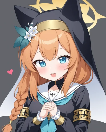 mari \(blue archive\),1girl, nun, fellatio_gesture, heart-shaped_pupils, tongue_out, solo, habit, animal_ear_headwear, white_sailor_collar, blush, looking_at_viewer, open_mouth, oral_invitation, long_sleeves, hat_flower, blue_neckerchief, simple_background, own_hands_together, sexually_suggestive, single_braid, halo, grey_background
<lora:mari_(blue_archive)_image2498_2023-11-28-000008:1>halo. gorgeous,key visual, vibrant, studio anime,award-winning, professional, highly detailed,high budget, cinemascope