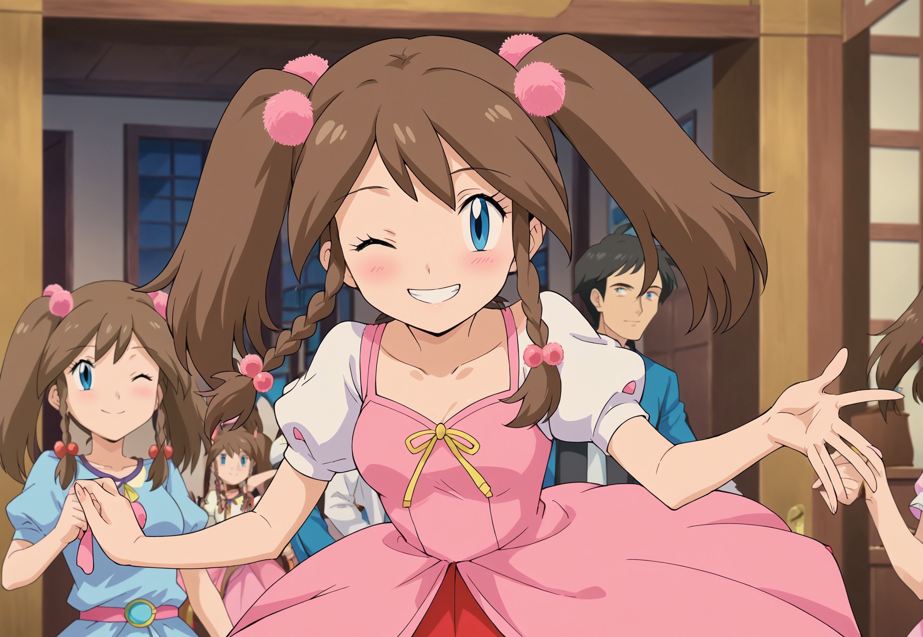safe_pos, safe_pos, score_9, score_8_up, score_7_up,close up
 
 anime screencap, suprised, blush, smile, winking, one eye closed, anime coloring,pokemon may, haruka, brown hair, twintails, braid, blue eyes, twin braids, hair ornament, dress, pink dress, anime coloring,