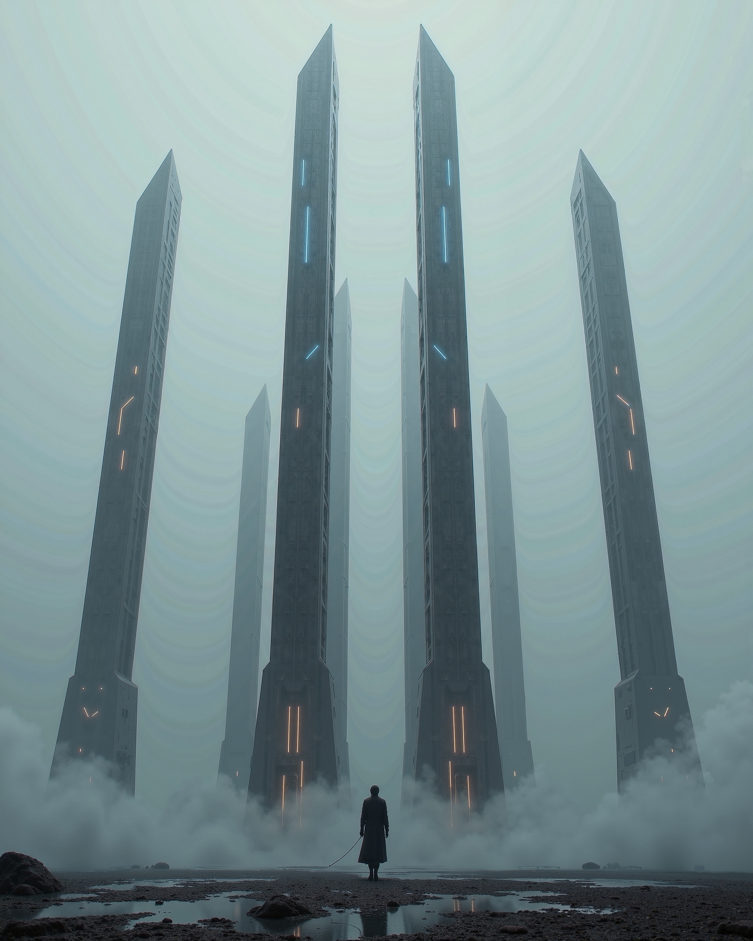 RAW Photograph, in the style of ckfa, Visualize Artemis Station as a towering, enigmatic structure rising from a cold, fog-laden world. The massive spires stretch skyward, their dark metallic surfaces glistening with condensation from the mist. Each tower is adorned with intricate, glowing lines of orange and blue lights, hinting at the advanced technology within. The fog is thick at ground level, muffling sounds and creating an eerie, quiet atmosphere, while faint mechanical hums reverberate through the air. In the distance, other towering monoliths fade into the fog, creating a sense of endlessness. The lighting is soft and diffused, with occasional beams piercing through the fog from docking bays, casting long, dramatic shadows. The camera is set at ground level, looking up at the overwhelming scale of the station, emphasizing its imposing and mysterious nature. no humans.