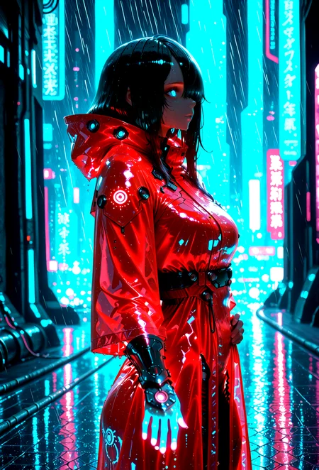 1girl, cinematic angle, looking afar, [hime cut:hair over one eye:25], blue light eyes, hood, translucent raincoat, putting hand on the hip, person wearing a red raincoat standing in a neon-lit cityscape at night, reflecting on wet pavement, futuristic urban atmosphere, cinematic lighting, moody rain-soaked environmen, Glowing Tattoos, arm guards, cable, Depth of field, skyscraper, (rain), wet shiny, [(blurry foreground:1.2)::0.2], (cyberpunk background:1.2), masterpiece, best quality, amazing quality, very aesthetic, absurdres, highres, newest, intricate details, high contrast, enhances storytelling and gameplay experience, 3d render, captivating visuals, professional-grade design, dynamic appearance, high-quality rendering techniques, <lora:engraved03:0.85> <lora:TrendCraft_The_Peoples_Style_Detailer-v1.0A-3_13_2025-NoobVPRED:0.95>