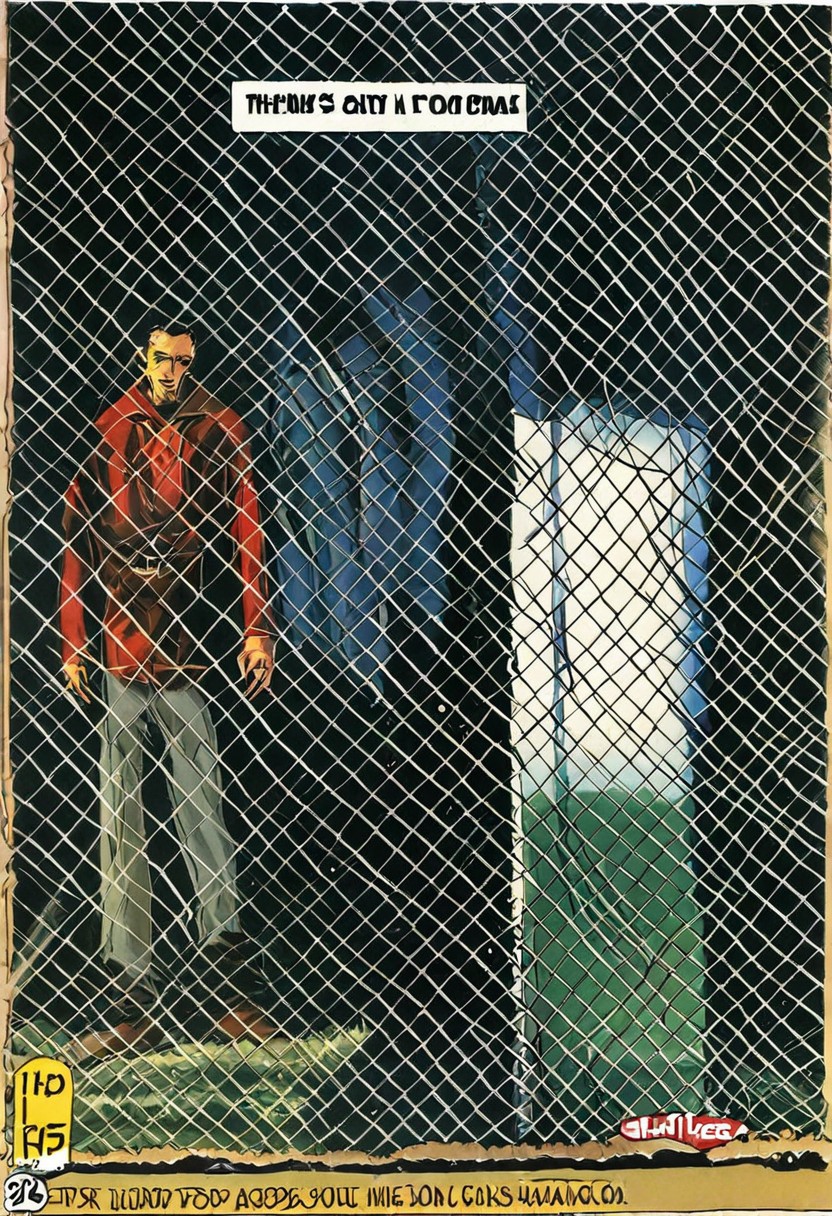 1950s comic book, man standing next to a white fence