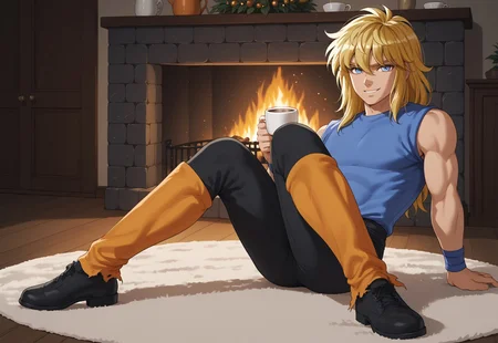 score_9, score_8,cygnhyoplain holding a cup of hot cocoa, 1boy, blue eyes, slender figure, toned male, wavy blonde hair, blue sleeveless shirt, blue wristbands, black pants, orange leg wraps, black shoes, (highly detailed:1.2), (intricate:1.2), (best quality:1.2),(8k:1.2), (sharp:1.2), (majestic:1.2), natural lighting, detail++, indoors, fireplace, looking at viewer, sat down, sitting, legs crossed, smile, hot cocoa