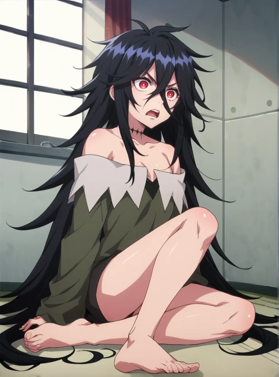 score_9, score_8_up, score_7_up, score_6_up, score_5_up, score_4_up , source_anime  anime screencap, <lora:SoldierXX:0.8>soldierxx, long hair, black hair, solo, 1girl, hair between eyes, red eyes, messy hair, collarbone, off shoulder, barefoot, very long hair,indoors, angry, open mouth,
