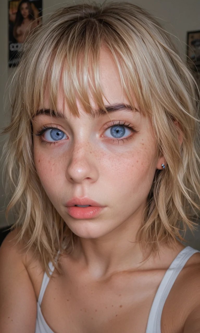 4k selfie with a surprised "o"-expression, deep focus, split-diopter lens. close-up, focus on her eyes. cluttered bedroom, posters on walls, ring lighting. long shaggy blonde (bangs between eyes, dark blue eyes, freckles, blush, natural lips, natural eyes, messy hair, black eyebrows, pierced eybrow) taking a selfie, bent forward, mirror behind in distance, her back can be seen (reflection)