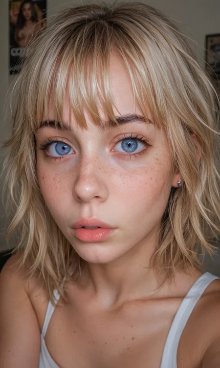 4k selfie with a surprised "o"-expression, deep focus, split-diopter lens. close-up, focus on her eyes. cluttered bedroom, posters on walls, ring lighting. long shaggy blonde (bangs between eyes, dark blue eyes, freckles, blush, natural lips, natural eyes, messy hair, black eyebrows, pierced eybrow) taking a selfie, bent forward, mirror behind in distance, her back can be seen (reflection)