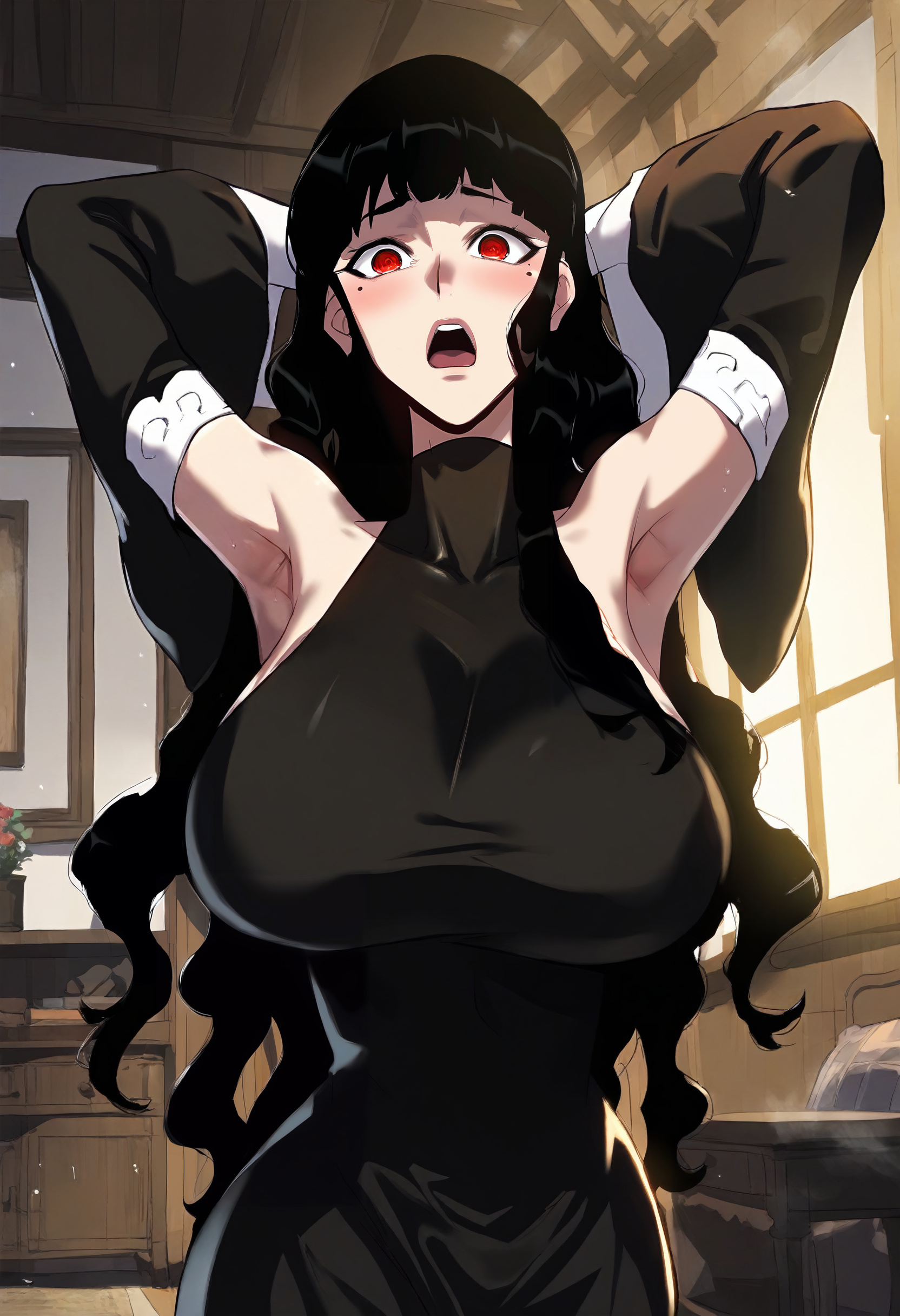 score_9, score_8_up, score_7_up, score_6_up, source_anime, rating_explicit, 1girl, solo, huge breasts, <lora:Elisha prefectPonyxl:0.95> black hair, long hair, red eyes, mole under eye, wavy hair, turtleneck, black dress, sleeveless, long dress, detached sleeves, wide sleeves, surprised, open mouth, Narrow shoulders, heavy breathing, steaming body, living room, indoors, looking at viewer, close-up, arms behind head, armpits