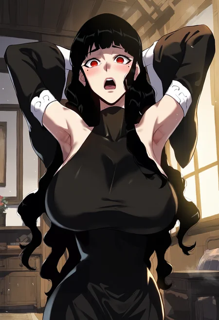 score_9, score_8_up, score_7_up, score_6_up, source_anime, rating_explicit, 1girl, solo, huge breasts, <lora:Elisha prefectPonyxl:0.95> black hair, long hair, red eyes, mole under eye, wavy hair, turtleneck, black dress, sleeveless, long dress, detached sleeves, wide sleeves, surprised, open mouth, Narrow shoulders, heavy breathing, steaming body, living room, indoors, looking at viewer, close-up, arms behind head, armpits