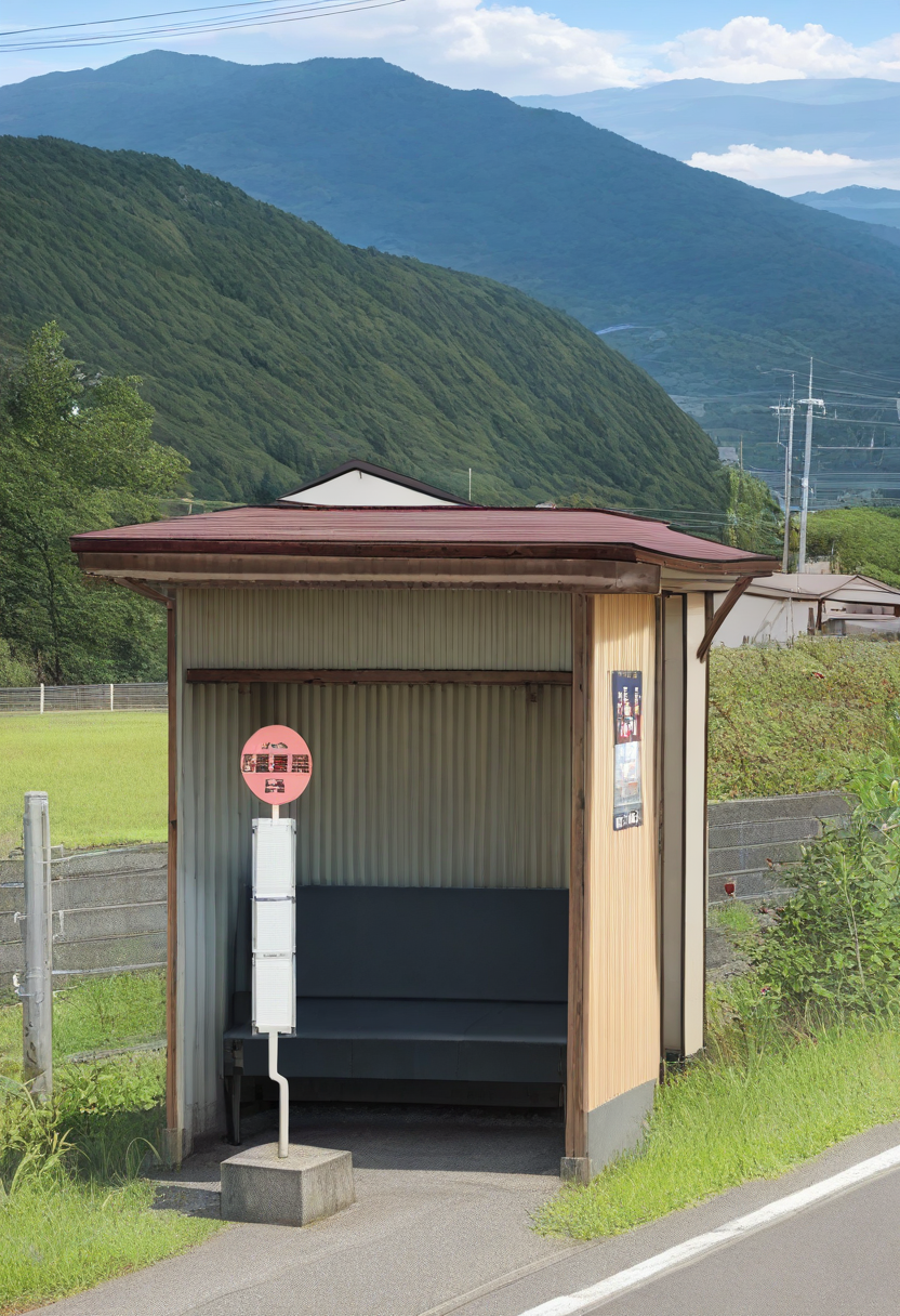 basutei, bus stop, no humans, scenery, grass, outdoors, rural, tree, sky, sign, utility pole, mountain, power lines, day, real world location, building, road, house, cloud, landscape, poster (object), mountainous horizon, fence, hill, photo background, bush, japan, field, nature
masterpiece, best quality, amazing quality, very aesthetic, absurdres, newest,
 <lora:sc_bustei_illustrious_V1L:1>