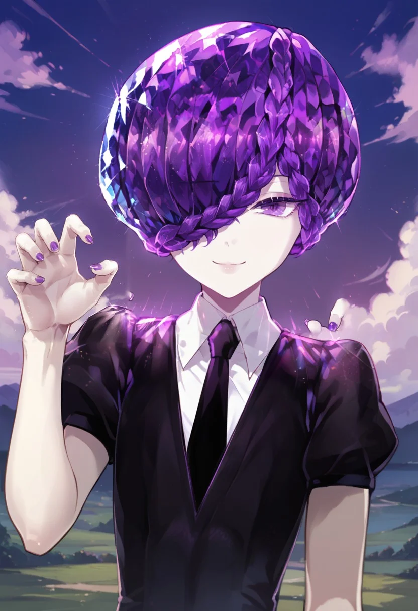 score_9, score_8_up, score_7_up,outdoors, upper body,smile, handfixer, amethystxl11, androgynous, purple hair, short hair,braid,crystal hair, hair over one eye, purple eyes, claw pose, gem uniform (houseki no kuni),black jacket, white shirt, black necktie, puffy sleeves, short sleeves, <lora:AmethystXL11-000005:1.0> <lora:add-detail-xl:1.0> <lora:HandFixer_pdxl_Incrs_v1:0.5>