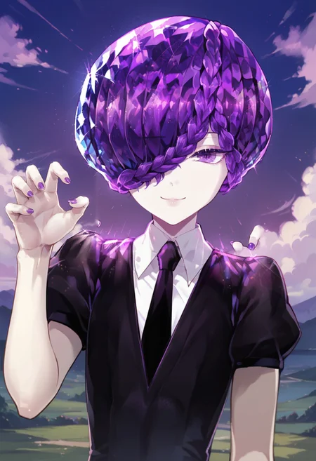 score_9, score_8_up, score_7_up,outdoors, upper body,smile, handfixer, amethystxl11, androgynous, purple hair, short hair,braid,crystal hair, hair over one eye, purple eyes, claw pose, gem uniform (houseki no kuni),black jacket, white shirt, black necktie, puffy sleeves, short sleeves, <lora:AmethystXL11-000005:1.0> <lora:add-detail-xl:1.0> <lora:HandFixer_pdxl_Incrs_v1:0.5>