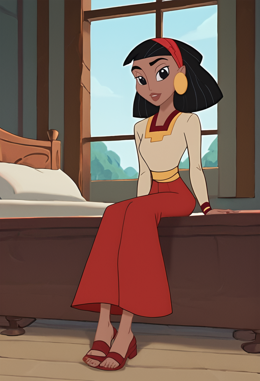 malina, 1girl, dark skin,  black hair, sitting, red skirt, long sleeves,<lora:malina:1>