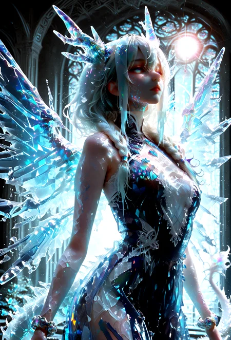 1c3_w1n73r, 1girl, solo, dramatic angle, crystal dragon girl, side braid, bracelet, Ice wings, dragon horns, Dragon tail, Ethereal light diffuses across the scene, atmospheric glow, sapphire textures, crystal scales evoking, impressionist, watercolor, Depth of field, overexposure, vibrant, [(sidelighting background:1.2)::0.2], (lens flare background:1.2), masterpiece, best quality, amazing quality, very aesthetic, absurdres, highres, newest, intricate details, high contrast, contrapposto, lazypos <lora:TrendCraft_The_Peoples_Style_Detailer-v1.0A-3_13_2025-NoobVPRED:0.9> <lora:The_Elegant_Terrors:1> <lora:Varos_-_Ice_Winter_Style:1>