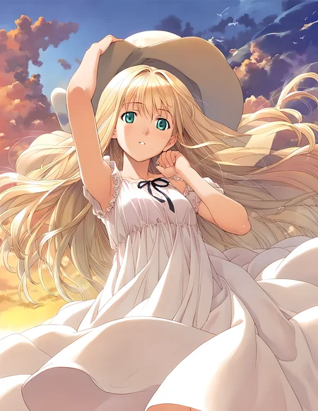 <lora:pony_xl_hortensia:0.9>,hortensia,score_9,score_8_up,score_7_up,source_anime,best quality,masterpiece,super fine illustration,1girl,solo,adorable_girl,white dress,ribbon,see-through,sun hat,day,sky,cloud,tree,wind,looking_at_viewer,cowboy_shot,