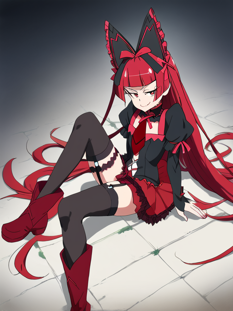 <lora:rory_mercury-PD-1.0-full:1> score_9, score_8_up, score_7_up, score_6_up, score_5_up, score_4_up, rory mercury, hair ribbon, dress, necktie, puffy sleeves, thighhighs, garter straps, boots, smug