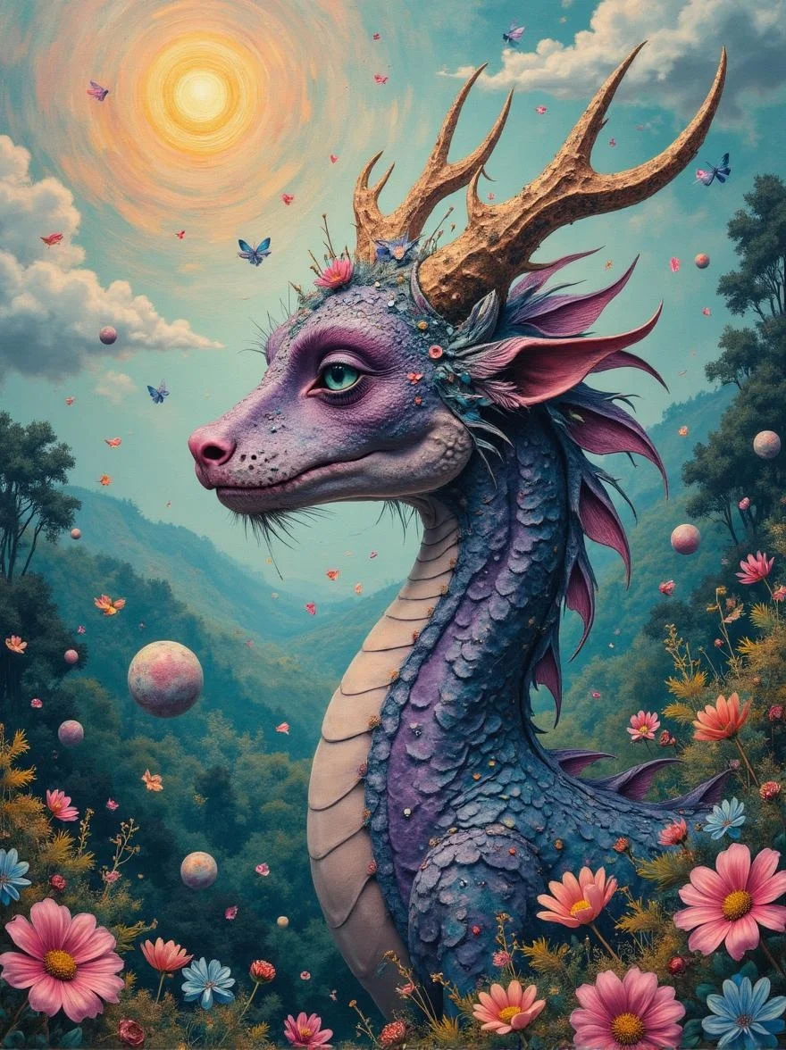 <lora:flux-collagestyle.safetensors:1> darkfantasycollagestyle
In a dreamlike landscape where the boundary between reality and fantasy blurs, a majestic lavender dragon with an ethereal flower crown reigns supreme. The dragon's scales, smooth and silky, shimmer under a diffused celestial glow, casting a soft, iridescent light across its form. Its large, expressive teal eyes, filled with wisdom and tranquility, peer into the distance, as if gazing into another realm.
The dragon's crown, intricately woven from delicate petals and leaves, adds an enchanting touch, with pink and blue flowers scattered around, enhancing the fairy-tale ambiance. The petals seem to float gently, as if carried by a gentle breeze, adding to the scene's serene and magical quality. The dragon's flowing mane, a cascade of ethereal strands, blends seamlessly with the surrounding environment, creating a harmonious balance of intricate detail and spacious composition.
The landscape is a tapestry of muted greens, blues, and golds, with emerald tones dominating and subtle warm highlights providing contrast. Soft clouds drift lazily in the sky, while luminous orbs float nearby, casting a surreal, otherworldly light. The scene is infused with a sense of awe, mystery, and introspection, inviting the viewer to lose themselves in its captivating beauty and tranquility.