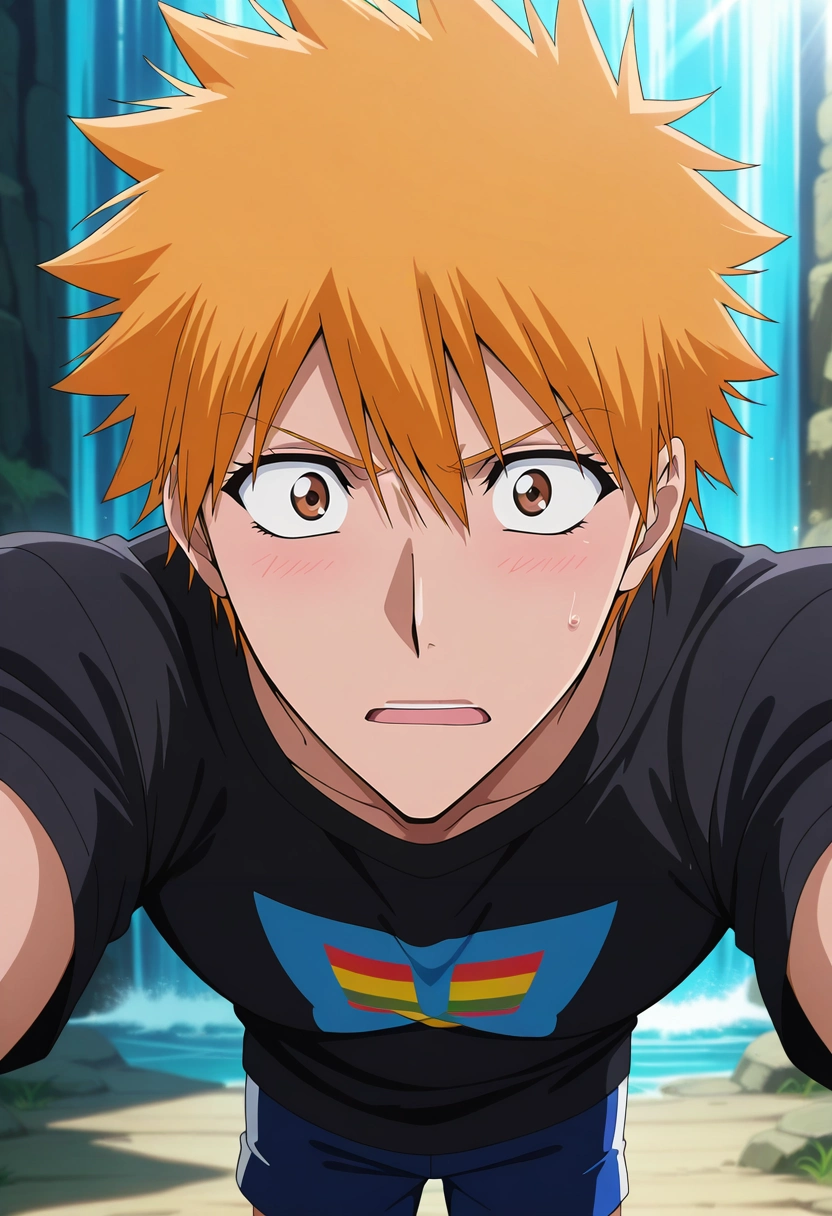 masterpiece, best quality, , anime screencap, anime coloring, official style, looking at viewer, , 1boy, solo, male focus, <lora:ichigo_kurosaki_ilxl:0.98>, ichigo_kurosaki, 1boy, orange hair, brown eyes, short hair, spiked hair, hair between eyes, , , hidden waterfall, mossy rocks, rainbow mist, ferns, reaching out, amazed expression, filtered sunlight, Pleated shorts, Graphic T-shirt, , ,