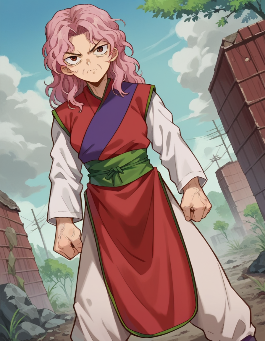 score_9, score_8_up, score_7_up, source_anime,
yyhgenkai, <lora:yyh-genkai-anime-ponyxl-lora-nochekaiser:1>,
genkai, long hair, brown eyes, pink hair, wrinkled skin, 
long sleeves, pants, sash, chinese clothes,
outdoors, wasteland,
looking at viewer, dutch angle, cowboy shot,